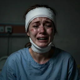 a portrait photograph of a female patient in a mental asylum hospital with a bandaged head and face, damaged and pain and anguish and terror in the darkness, crying, extreme sadness, hopeless, very dark, depressing, grim, moody, atmospheric lighting, cinematic lighting, expressive, by francis bacon