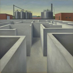 first person view of a stark concrete maze, soy sauce brewery, grant wood, pj crook, edward hopper, oil on canvas