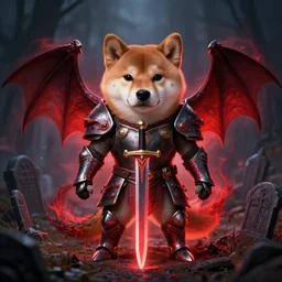 anthropomorphic shiba inu, dragonslayer armor and sword, dark glowing red aura, fantasy, dark graveyard scene, portrait art by donato giancola and greg rutkowski, realistic face, digital art, trending on artstation, symmetry
