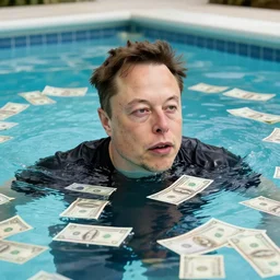 Photography of elon musk swimming in a pool surrounded by dollar bills