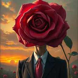 closeup, giant rose flower head, frontal, girl in a suit, surreal photography, sunrise, dramatic light, impressionist painting, digital painting, artstation, simon stalenhag
