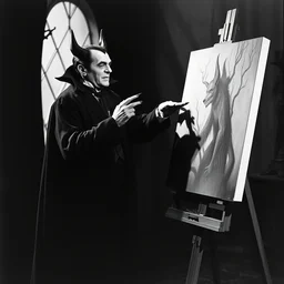 bella lugosi, as dracula, stands at his easel, painting lon chaney, jr. as the wolf - man