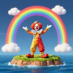clown on island with rainbows
