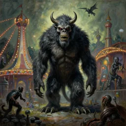 monster animals straight out of the mind of H. P. Lovecraft are attacking an amusement park (oil painting by Vincenzo Camuccini)