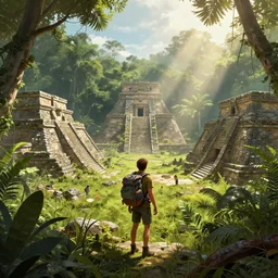 a backpacker standing in an overgrown aztec village in the jungle highly detailed digital painting, concept art by yongfei liu, alben tan, vance kocas, octane rendered, low angle, god rays, cg society, unreal engine