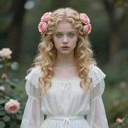 a beautiful young girl, pale, turquoise eyes, curly blond, angle face, roses in her hair, phantasy, fairy, long white hyperdetailed dress in pale pink and white, secret garden, cinematic, trending on art station