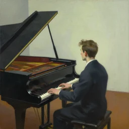 painting of a man sitting at a grand piano, but not playing. he's looking into the void. by edward hopper and james gilleard