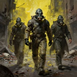 grim dark oil painting of gas masks and protective suits walking down a destroyed city street, poisoned deadly yellow gas, human remains, octane rendering, trending on artstation, studio ghibli, michael whealan and james gurney