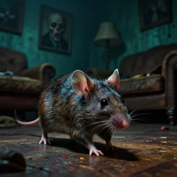 cinematic colorful horror artwork by artgerm, beksinski, mark brooks ; real life full portrait of ugly furry mouse, at living room floor roaming around ; night dimlit ominous scary, 8 k hdr, creepy intricate ; volumetric dramatic lighting, insanely detailed, haunting