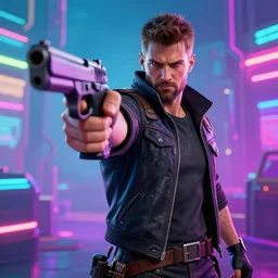 todd howard pointing a gun towards the camera and forcing you to buy skyrim, threatening, sharp, cinematic, colorful, digital, neon, bright, cyberpunk