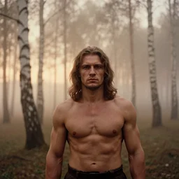 portrait of muscular man, solemn expression, faded color film, russian cinema, tarkovsky, kodachrome, heavy birch forest, long brown hair, old clothing, heavy fog, atmospheric haze, brown color palette, sunset, low light, dramatic lighting