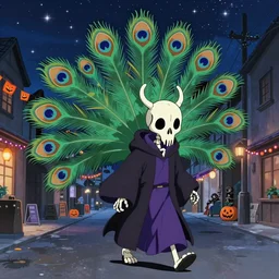an anime about a friendly skeleton character with animal skull for face nongraphic, 9 massive colorful rainbow peacock tails, magical mage robes and walking through an empty street alone at night under starry skies, halloween decorations, wonder, anime, furry, peaceful, street view, vhs, art by yuji ikehata and hayou miyazaki, trending on art station