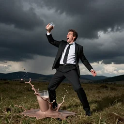 stock photo of a businessman accidentally spilling a glass of chocolate milk and overreacting