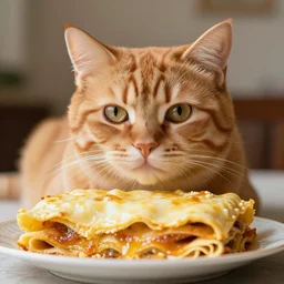orange cat covered in lasagna, photo, detailed, 4k