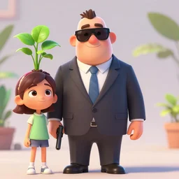 Big agent in suit and sunglasses with pistol in right hand standing besides girl with plant in her hand, 3d render, Pixar movie
