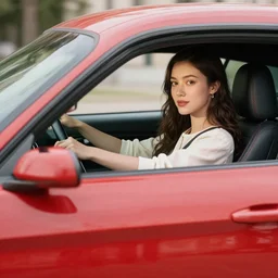 a photograph of joan of ark driving a red mustang