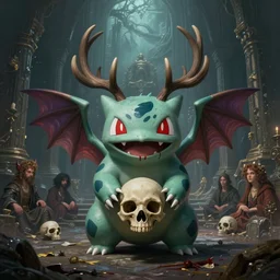matte symmetrical portrait of cute evil bulbasaur norse demon with elk antlers sharp teeth dripping blood and fae wings. he is holding a skull. in an enchanted temple ruin. by dave dorman hieronymus bosch, cyril rolando, esher and natalie shau, whimsical, profound, impossible, dark, atmospheric, brooding, digital painting, intricate.