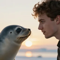 arctic seal staring into the eyes of a beautiful man with brown curly hair, high cheek bones, small nose and blue eyes, golden sunset in the background, side profile view, high detail, cinematic, digital art