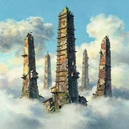 a wholesome animation key shot, thin towers of ancient crumbling masonry scaffolding, cracks, rubble, makeshift houses, rise above clouds, studio ghibli, pixar and disney animation, sharp, disney concept art watercolor illustration by mandy jurgens and alphonse mucha and alena aenami, cold color palate, bloom, dramatic lighting