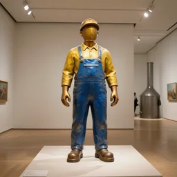 a sculpture by jeff koons representing a factory worker in a museum, studio lighting, museum