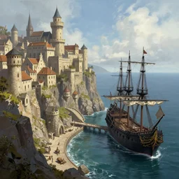 A beautiful medieval metropolis built on a cliff overlooking the ocean, a large black pirate ship waiting in the pier. Fantasy digital painting by Greg Rutkowski