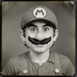 photo of super mario as a real person, traditional portrait, face neck shoulders, 8 k, ambrotype
