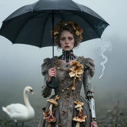 photographic portrait of sad max ernst woman robotic dried melting floral fungus with spiraling cigarette smoke, wearing a dress, holding an umbrella and a swan, in fog, editorial
