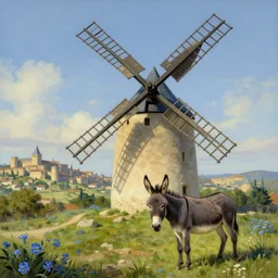 very long shot of a magnificent detailed windmill, wild beautiful Donkey, spots of blue flowers nearby, medieval french landscape, Carcassonne, outskirts of city of carcassonne in the background by Stanley Artgerm Lau, WLOP, Rossdraws, frank frazetta, Andrei Riabovitchev, Marc Simonetti, tranding on artstation