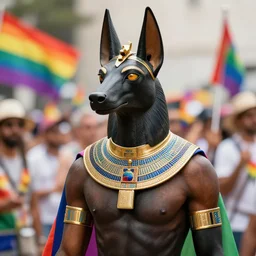 masculine anubis on a pride parade, hyperrealistic, trending on Artstation