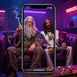 a smartphone picture of stoned gandalf and snoop dogg smoking a joint sitting on a couch in a neon night club,