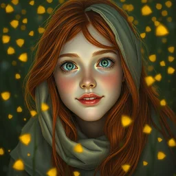 an amazed young woman surrounded by golden firefly lights in a mesmerizing scene, sitting amidst nature fully covered, long loose red hair, precise linework, accurate green eyes, small nose with freckles, smooth oval shape face, empathic, bright smile, expressive emotions, hyper realistic ultrafine portrait by artemisia gentileschi, jessica rossier, boris vallejo