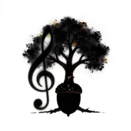 minimal silhouette art of acorn that turns into a tree in the shape of a treble clef, with a few scars on the tree, splashes of color, inspirational and powerful