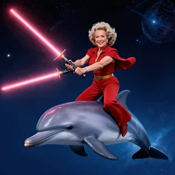 betty white dual wielding lightsabers riding a dolphin through space, cinematic, award winning, high budget vfx