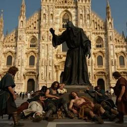 oil matte painting, people succumbing of the plague outside a baroque cathedral with a giant grim reaper, wonderful masterpiece highly detailed, beautiful cinematic light deep focus, elegant, digital painting, smooth, sharp focus, golden ratio, dramatic illumination, ultra realistic, 8 k, art by salvator rosa