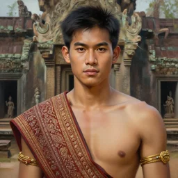 a smart and handsome and beautiful thai male dressed as hunter in armed, close - up portrait, with karen ethnic group traditional dress, ancient khmer ruin in background, intricate, elegant, loin cloth, highly detailed, oil painting, artstation, concept art, matte, sharp focus, illustration, hearthstone, art by earl norem