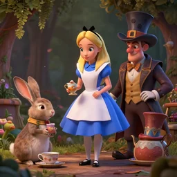 an insanely intricate detailed beautifull 3 d render of alice in wonderland tea with rabbit and mad hat, unreal engine, octane render, redshift, 8 k resolution, cell shaded rendering, soft dramatic lighting, cinematic, subsurface scattering, anti aliashing, by disney
