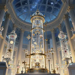 artificer laboratory with giant walls and glass ceilings showing the stars and glass valves, light dust, magnificent, close up, details, sharp focus, elegant, highly detailed, illustration, by Jordan Grimmer and greg rutkowski and PiNe(パイネ) and 薯子Imoko and 香川悠作 and wlop and maya takamura, intricate, beautiful, Trending artstation, pixiv, digital Art