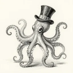 a pencil sketch of a octopus dancing wearing a top hat