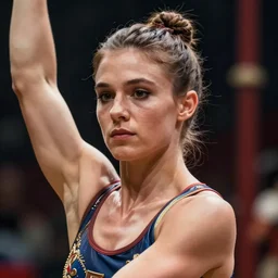 stunning head and shoulders portrait of muscular circus newcomer acrobat emilie welos, ultra realistic, digital art by todd lockwood, still from studio ghibli