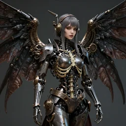 Steampunk cyborg skeleton girl with mechanical dark wings ,highly detailded