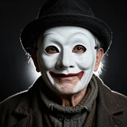 high contrast studio close - up portrait of a wrinkled old man wearing a pulcinella mask, clear eyes looking into camera, baggy clothing and hat, backlit, dark mood, nikon, photo by lisa kristine, masterpiece