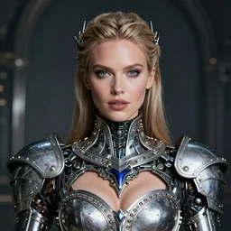 very detailed portrait of christine turlington as princess of dark futuristic robotic world, by frederic leighton, hajime sorayama, mysticism, intricate, highly ornate silvery trim armoury