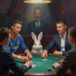 hyper detailed 3d render like a Oil painting - Cristiano Ronaldo playing poker with a bunny by Jacek Yerka, Mariusz Lewandowski, Houdini algorithmic generative render, Abstract brush strokes, Masterpiece, Edward Hopper and James Gilleard, Zdzislaw Beksinski, Mark Ryden, Wolfgang Lettl, hints of Yayoi Kasuma, octane render, 8k