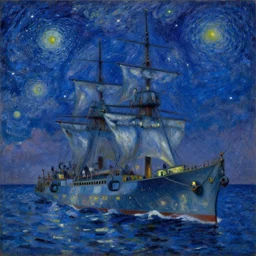 an ironclad warship sailing through a sea of stars, oil on canvas, impressionism, intricate