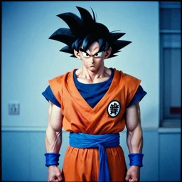 still of goku being arrested, associated press, 2 6 mm, kodak ektachrome, blue tint expired film.