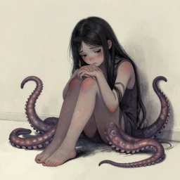 a sad girl with tentacles instead of limbs sitting on the floor, illustration by Michael Sowa