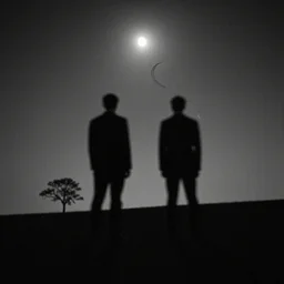 low - angle, fuzzy, black and white liminal, photograph of two men in suits wearing crescent on a small hill, single tree visible, moonlit, dark, night, night time.