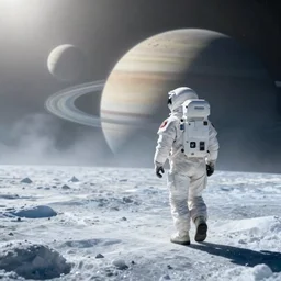 futuristic solitary astronaut walking along the icy surface of Titan, Saturn is visible through the haze, unreal 5, DAZ, detailed, soft focus, brilliant, 4k, 8k, HD, trending on artstation, art by Rick Guidice painting by Robert McCall by John Harris