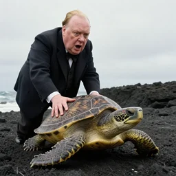 An astonished mouth open Winston Churchill discovers the first turtle ever in Galapagos, national geographic, BBC, XF IQ4, f/3.2, ISO 200, 1/160s, 8K, RAW, unedited, face retouched, AI enhanced