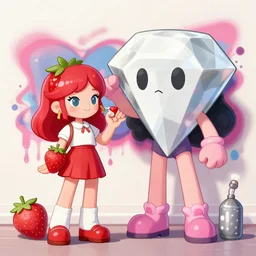 a strawberry girl and a giant diamond girl doing crimes, spray paint, poska